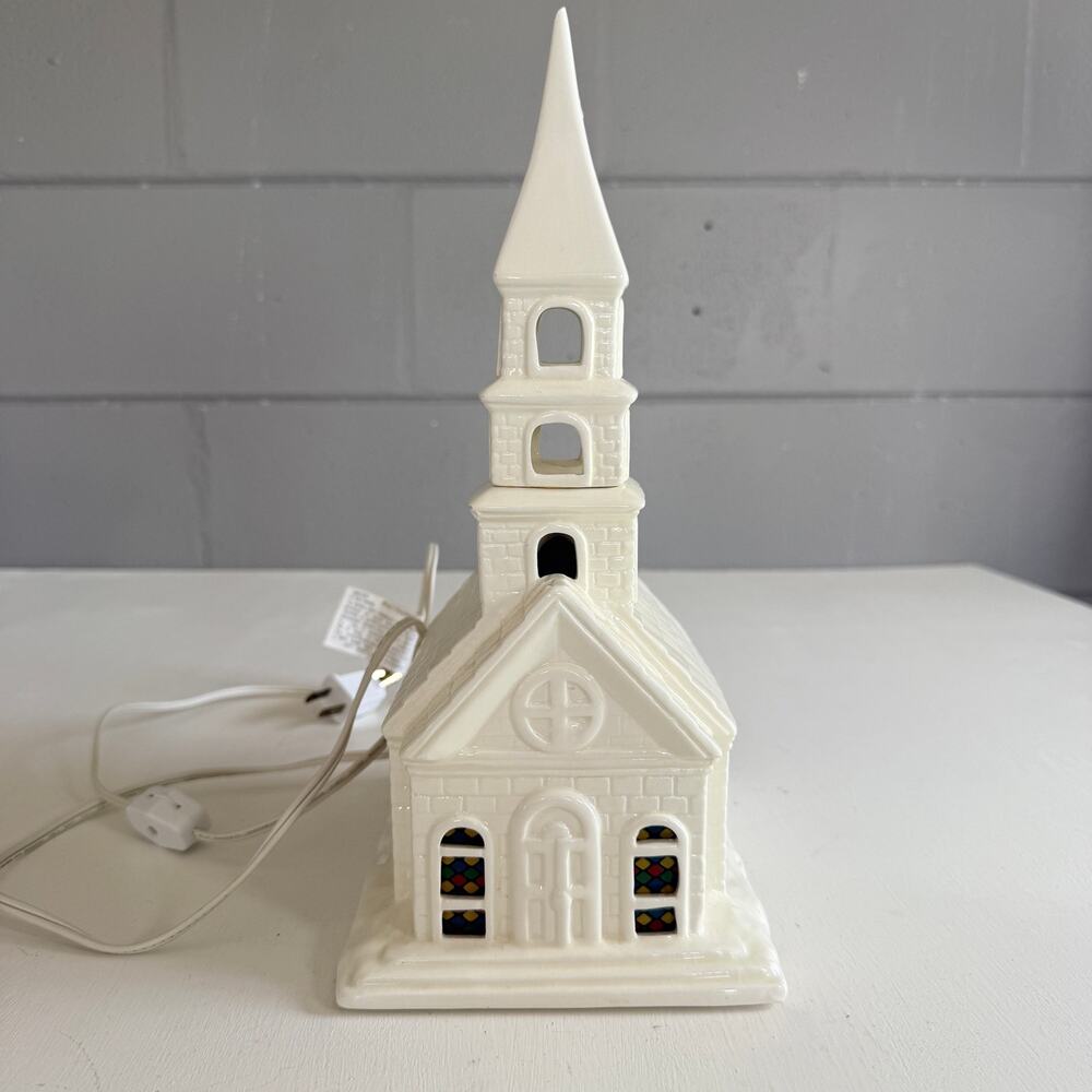 Vintage White Ceramic Byron Molds 1970 Lighted Chapel Church Lamp with Music Box